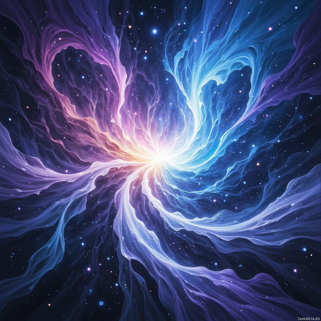 A vibrant cosmic scene featuring swirling nebulae in shades of purple and blue against a starry background.