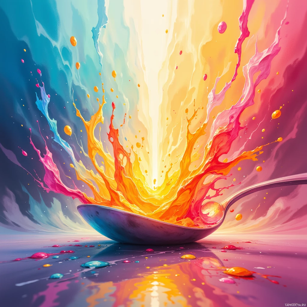 A vibrant, abstract painting featuring a spoon with colorful splashes and a radiant light source at the center.