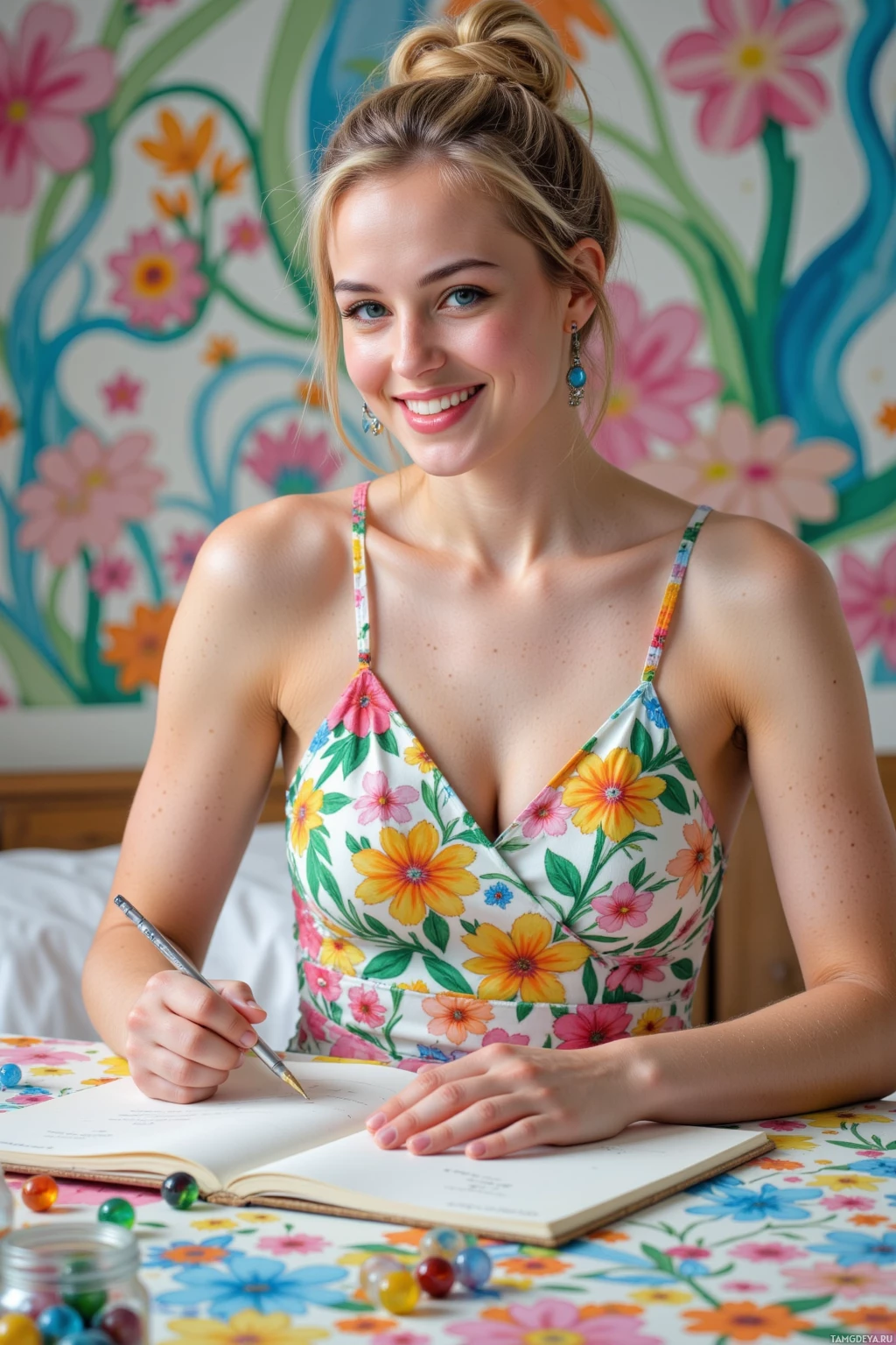 A woman in a floral dress smiles while holding a pen, sitting at a table with a notebook and colorful decorations.