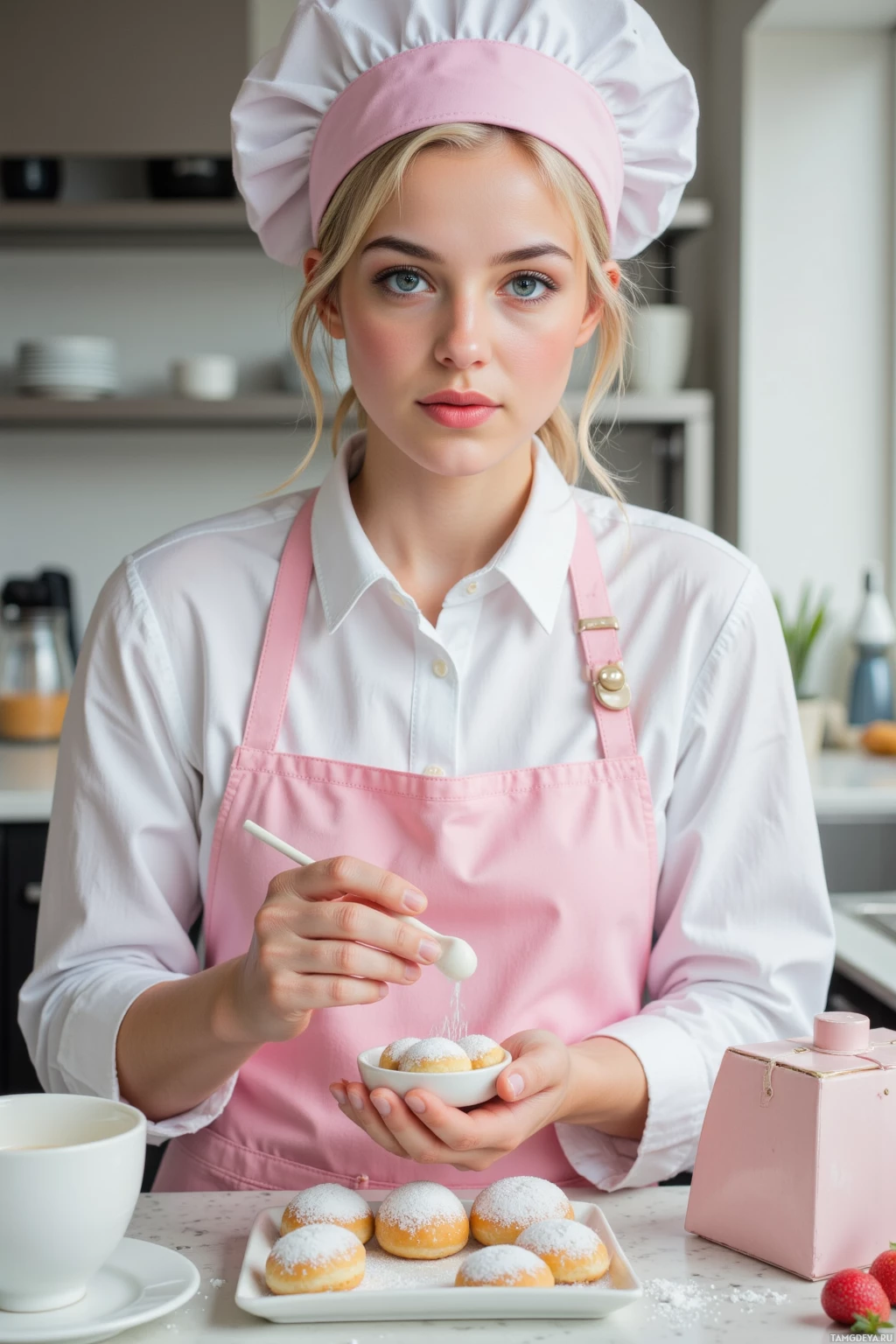 A person in a pink chef's hat and apron sprinkles powdered sugar onto small pastries.