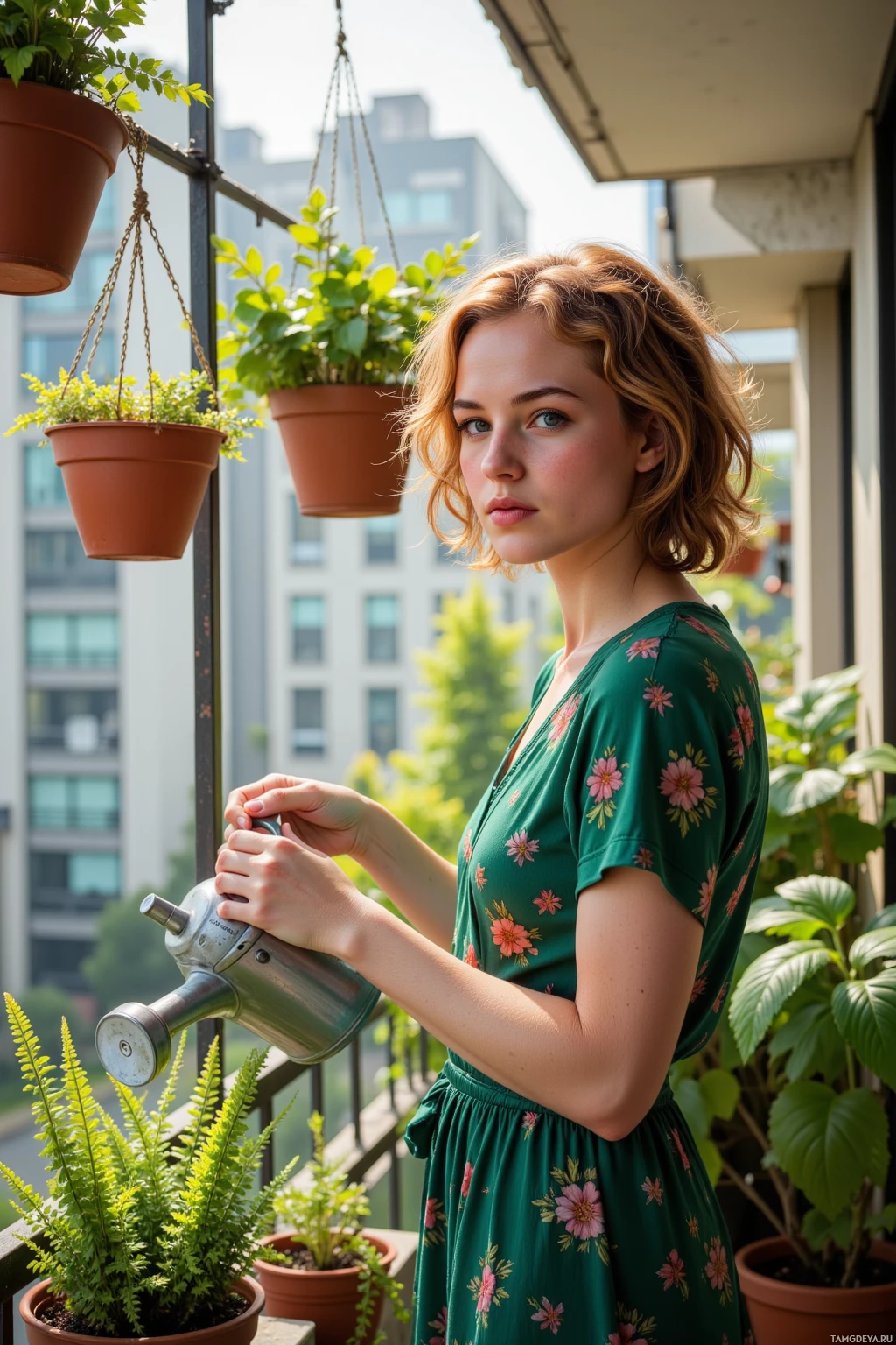 A woman in a floral dress waters plants on a balcony.