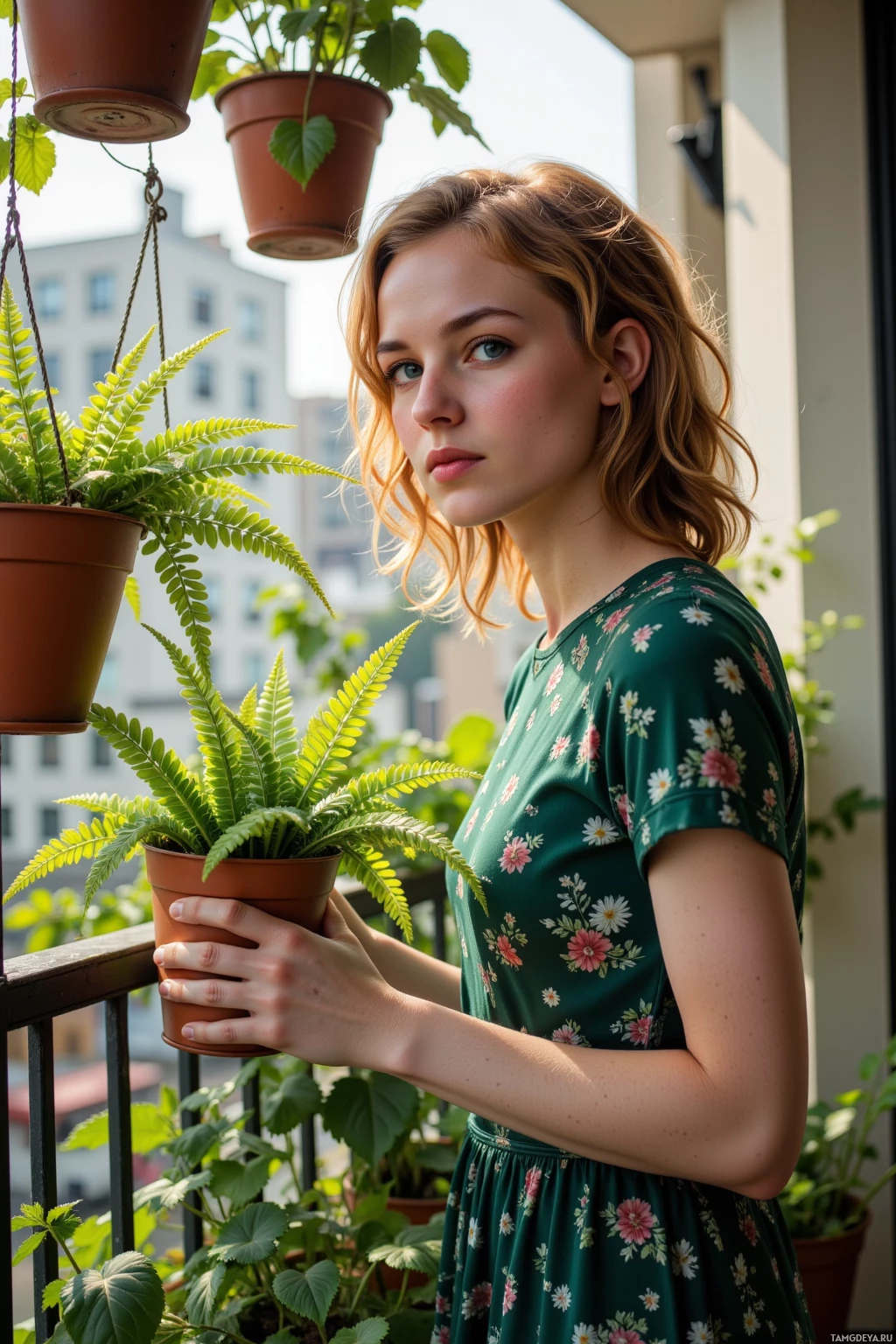 A woman in a floral dress holds a potted fern on a balcony.