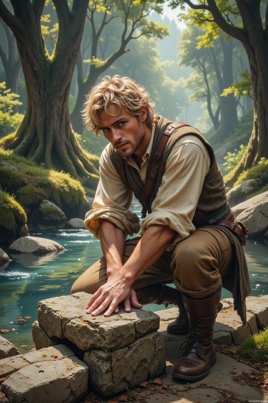 A man in a beige outfit crouches on rocks by a serene river in a lush forest.