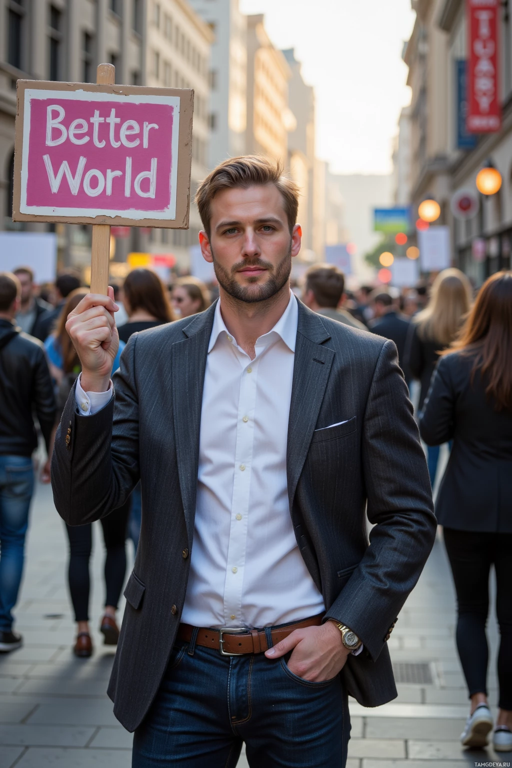 A man in a suit holds a sign reading "Better World" in a crowded urban setting.