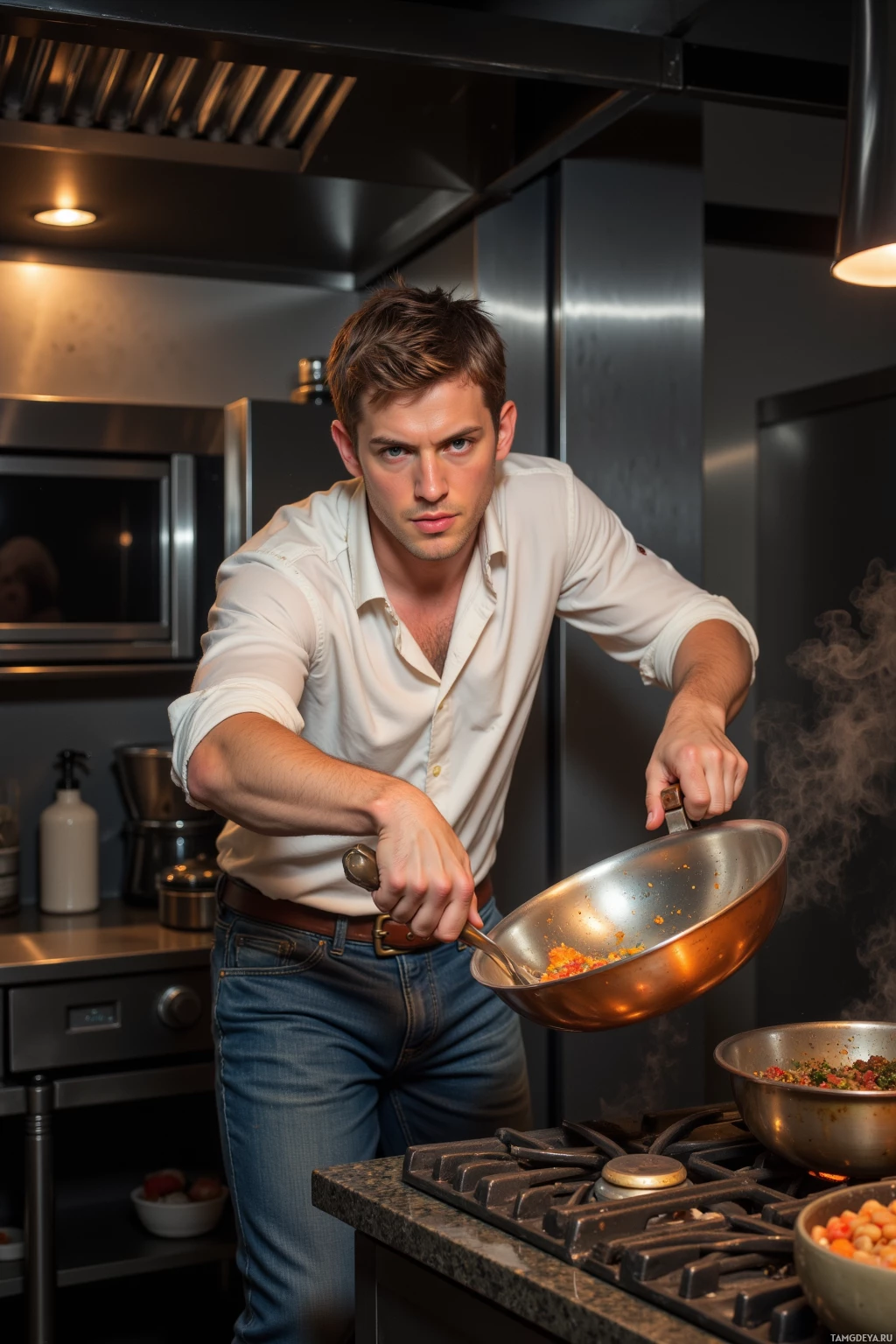 A man in a white shirt and jeans is cooking in a modern kitchen.