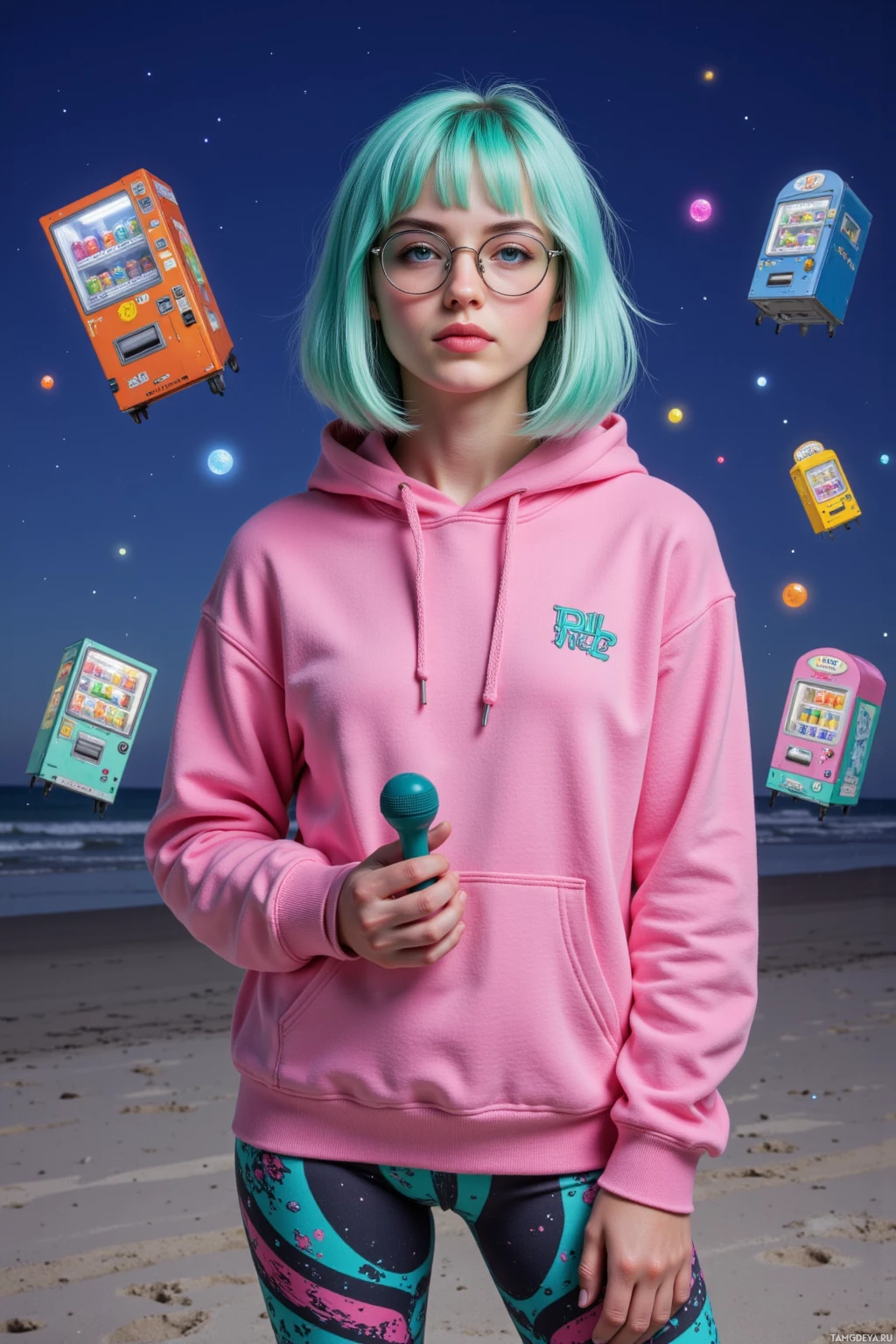 A person wearing a pink hoodie and colorful leggings stands on a beach, holding a microphone, with floating vending machines in the background.
