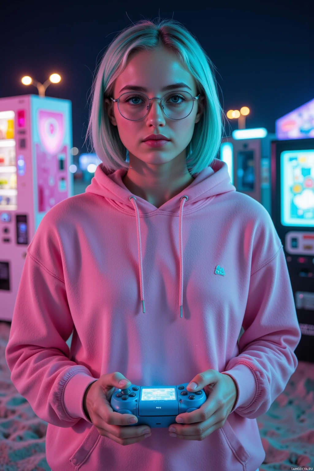 A person in a pink hoodie holding a blue game controller stands in front of neon-lit arcade machines.
