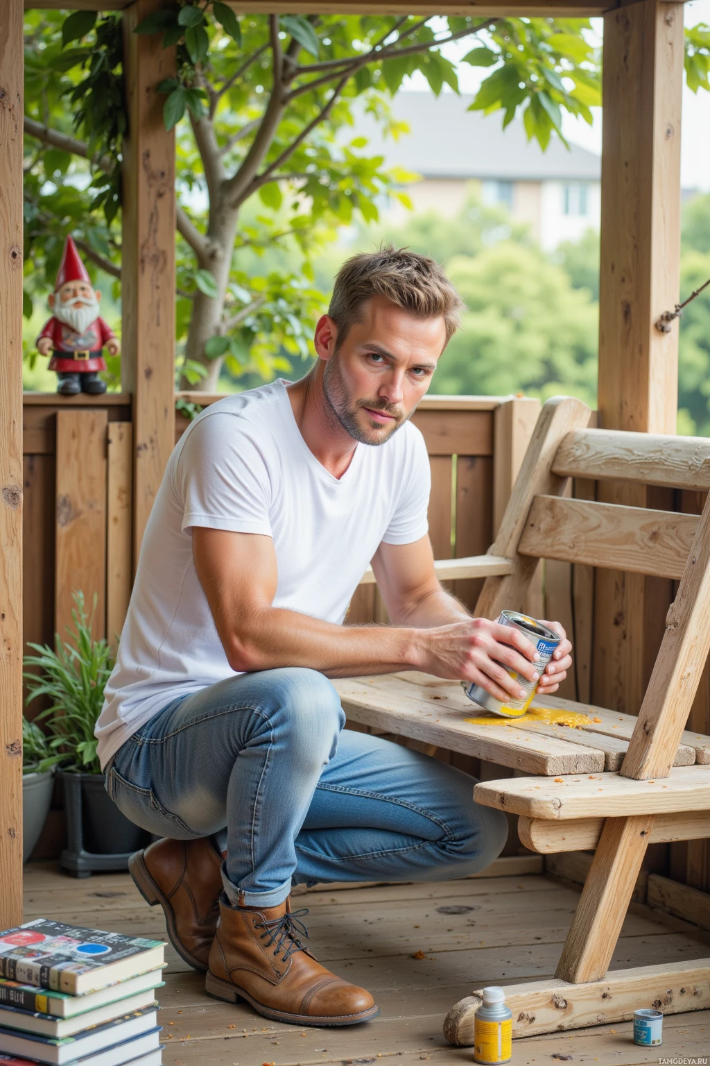 A man in a white shirt and jeans is squatting on a wooden deck, holding a can of paint.
