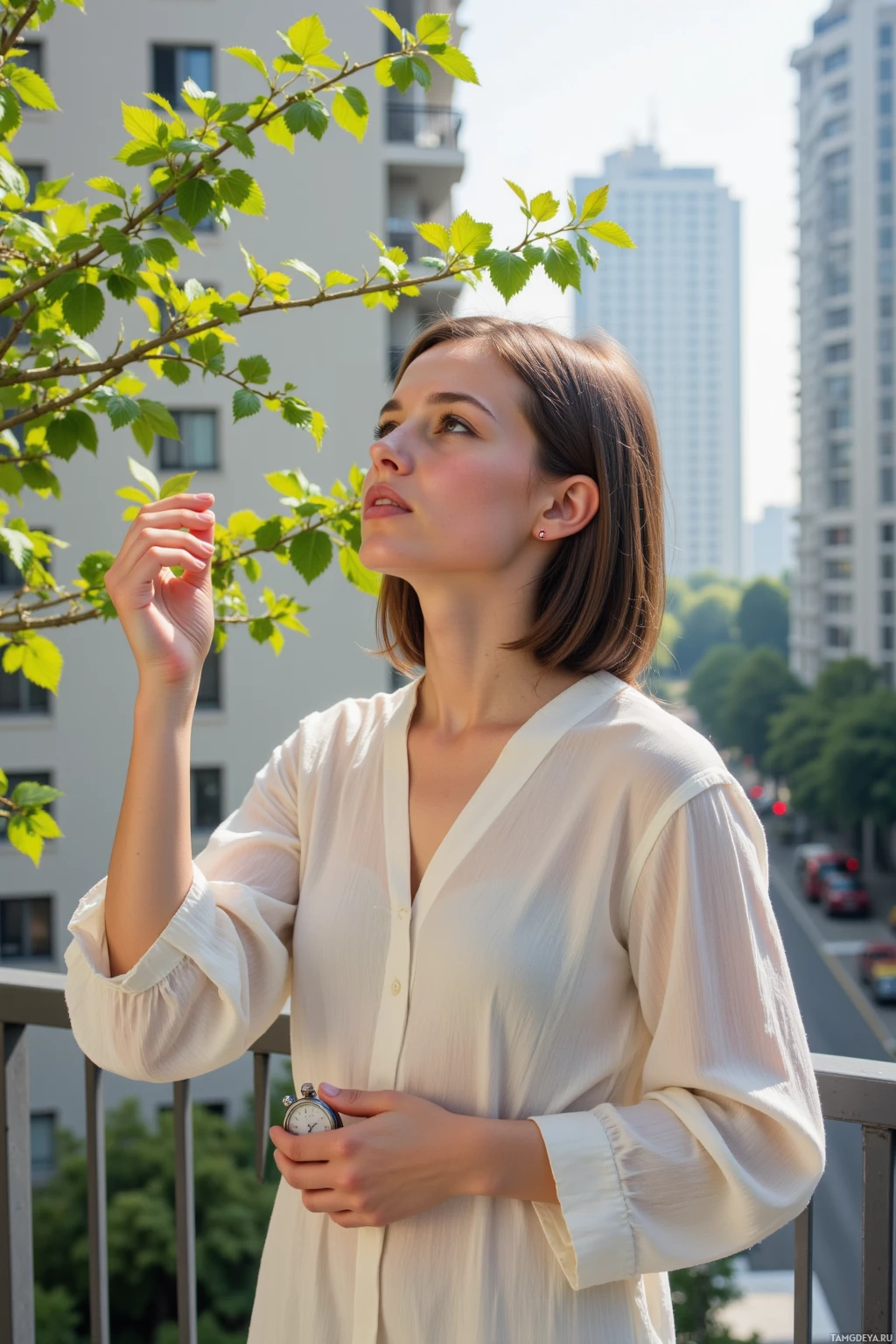 A woman in a light blouse stands on a balcony, holding a pocket watch, with a cityscape and greenery in the background.