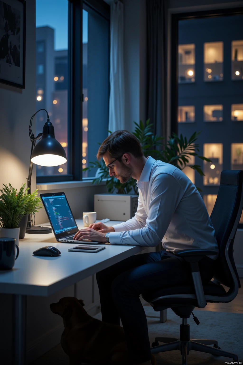 A man works at a desk in a dimly lit room with a cityscape view outside the window.