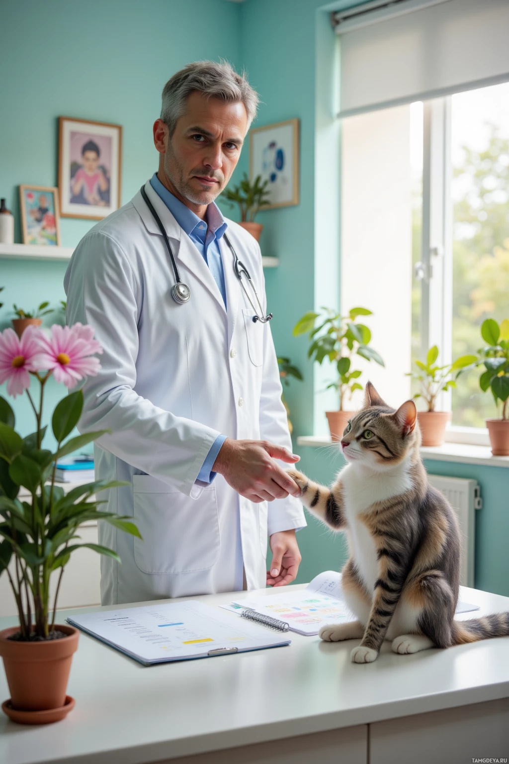 A veterinarian in a white coat interacts with a cat in a clinic setting.
