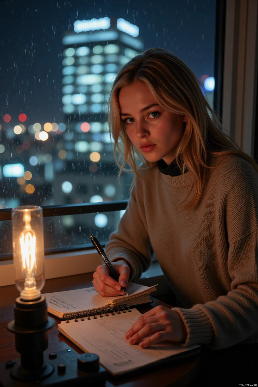 A woman writes in a notebook by a lit lamp, with a cityscape and rain visible through the window behind her.