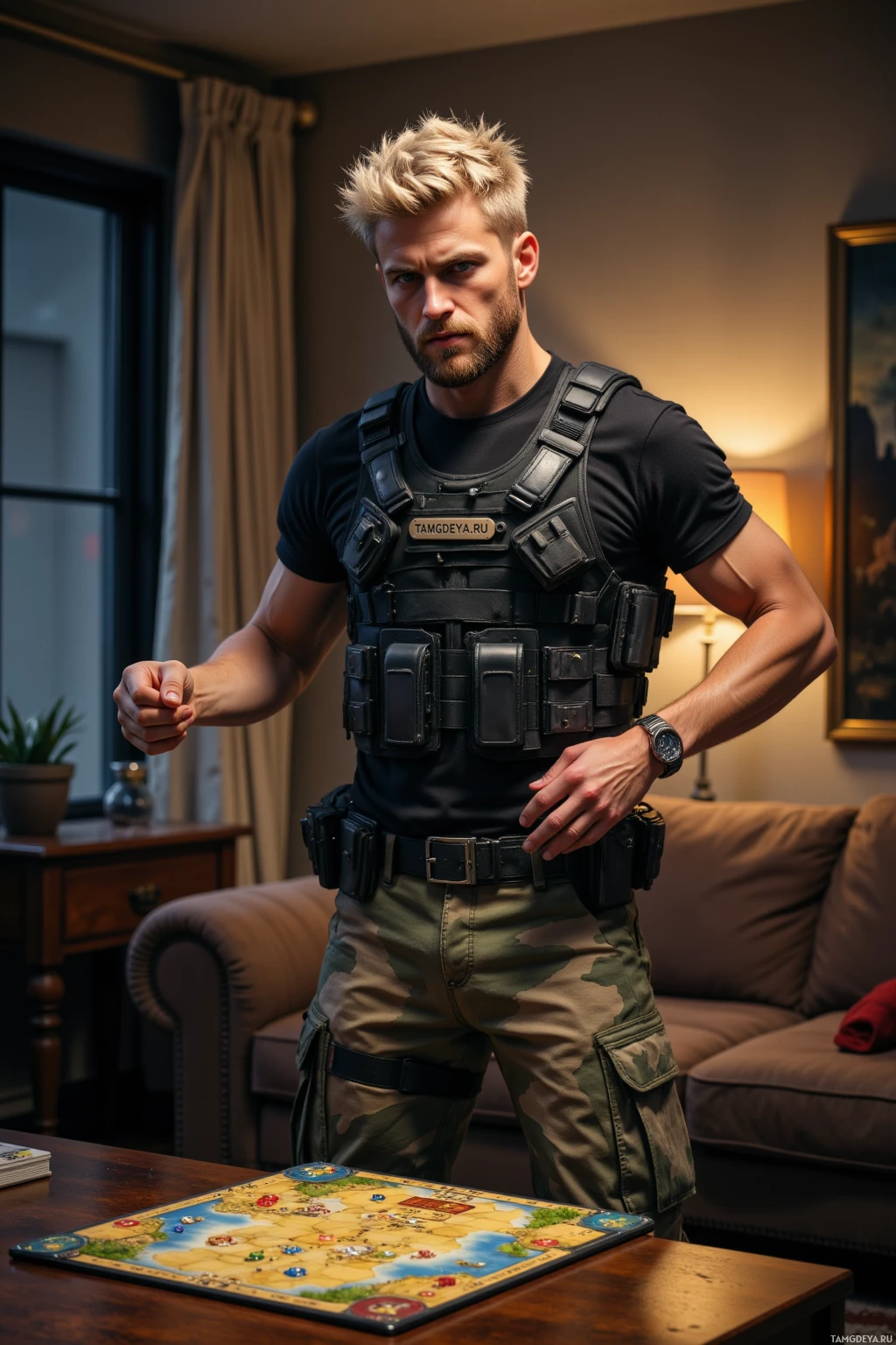 A man in tactical gear stands in a living room, leaning on a table with a board game.