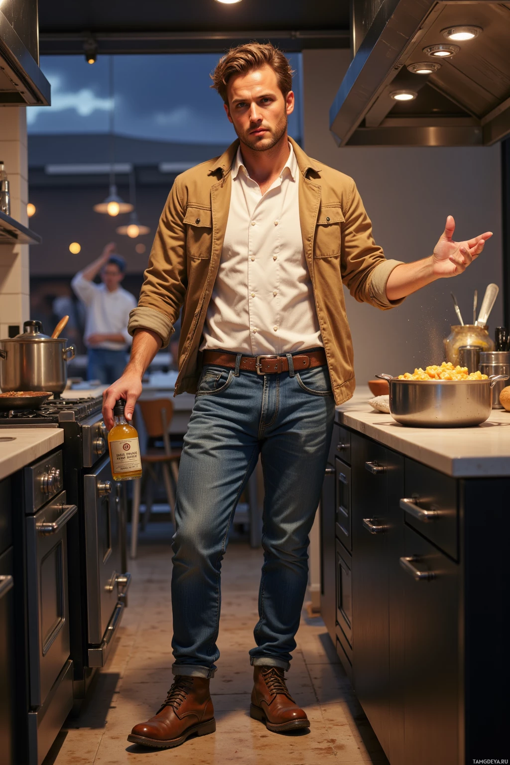 A man stands in a kitchen, gesturing with his hand, wearing a tan jacket, white shirt, jeans, and brown boots.