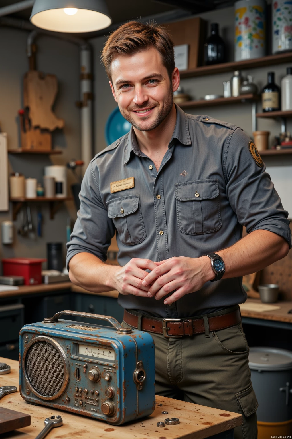 A man in a workshop setting, wearing a uniform shirt, stands with hands clasped, next to a vintage radio on a workbench.