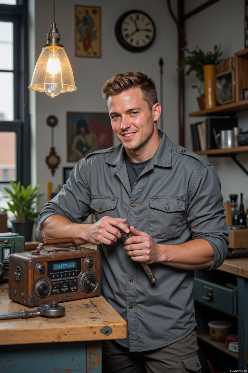 A man in a gray shirt stands in a workshop, holding a tool, with a vintage radio and various tools on a wooden table.