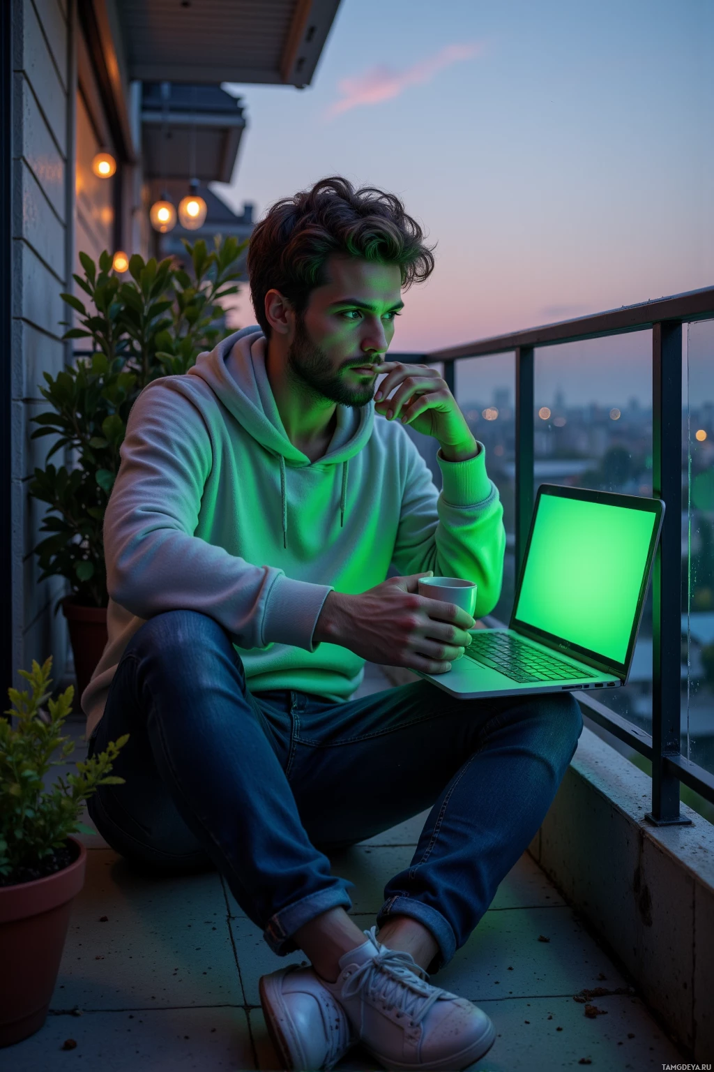A person sits on a balcony, holding a mug and using a laptop with a green screen.