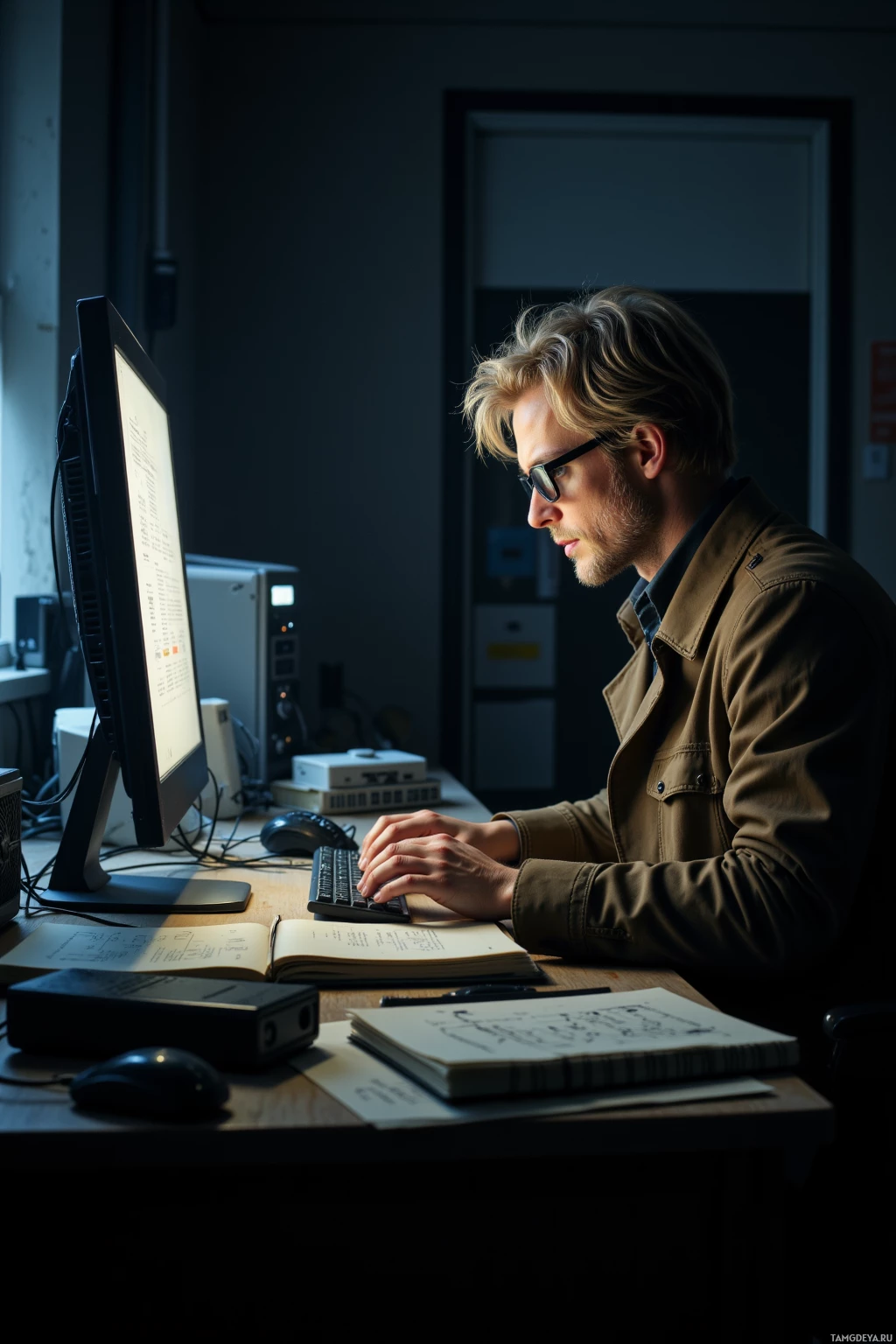 A person is working at a desk with a computer, surrounded by books and papers.