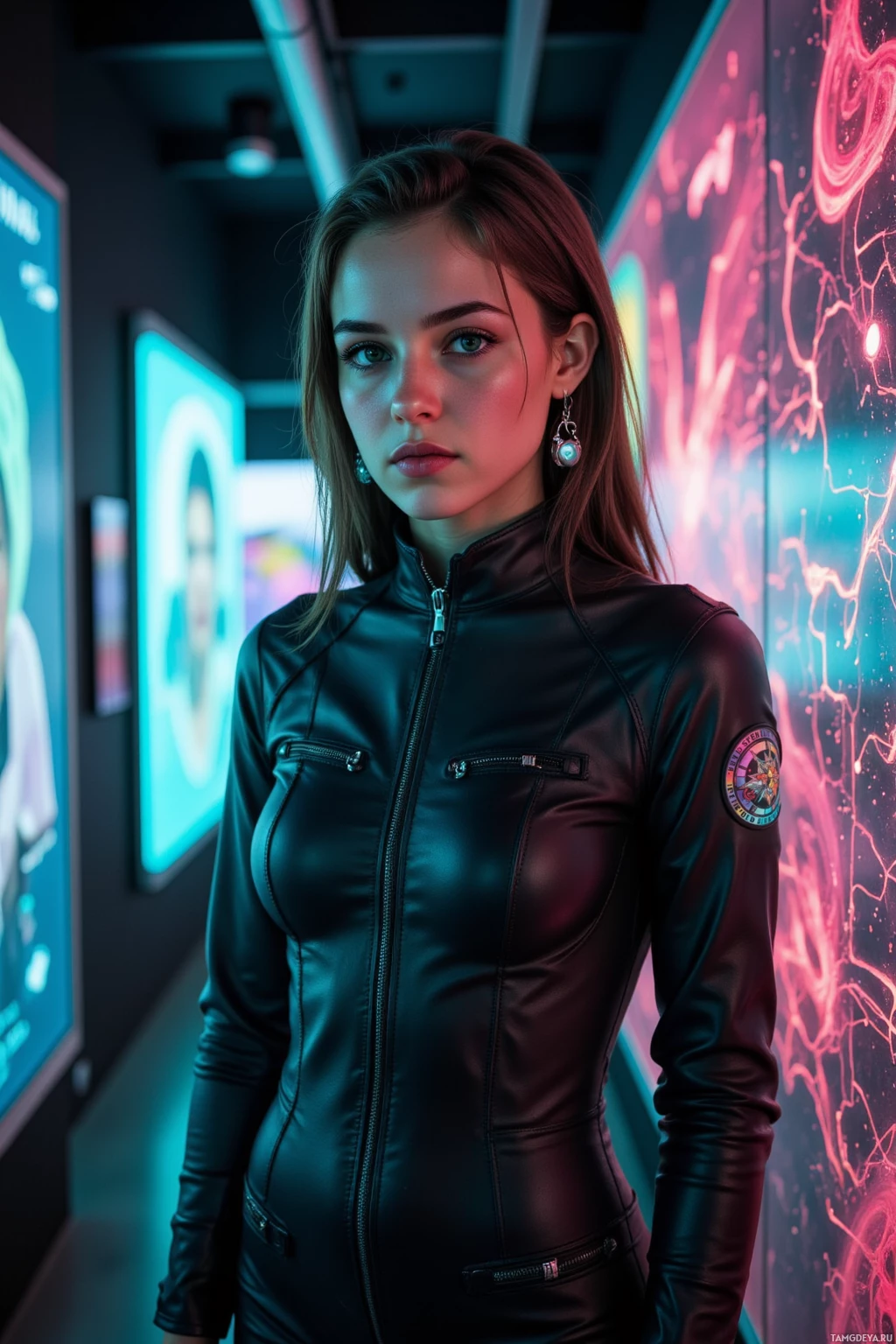 A person in a sleek, dark leather outfit stands in a futuristic setting with neon lights.