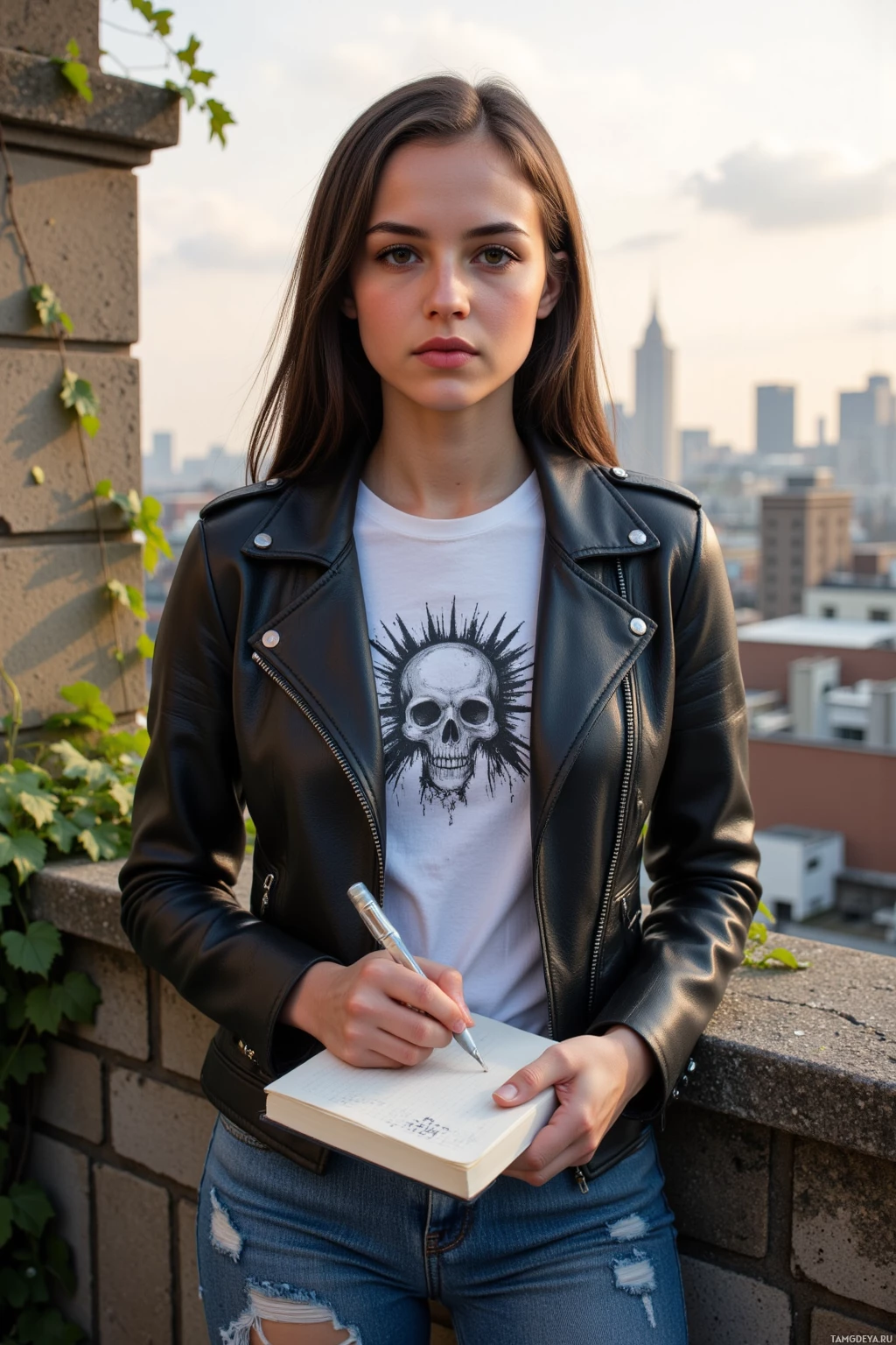 A person wearing a leather jacket and jeans stands on a rooftop, holding a book and pen.