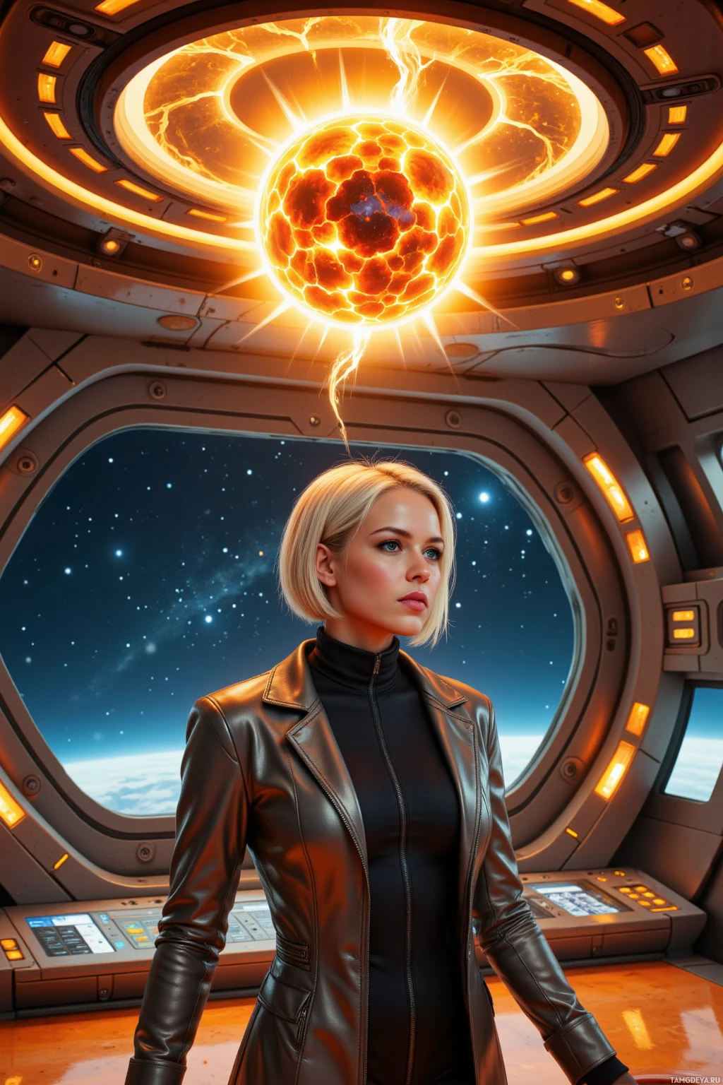 A person stands inside a futuristic spacecraft, gazing out at a starry space scene.