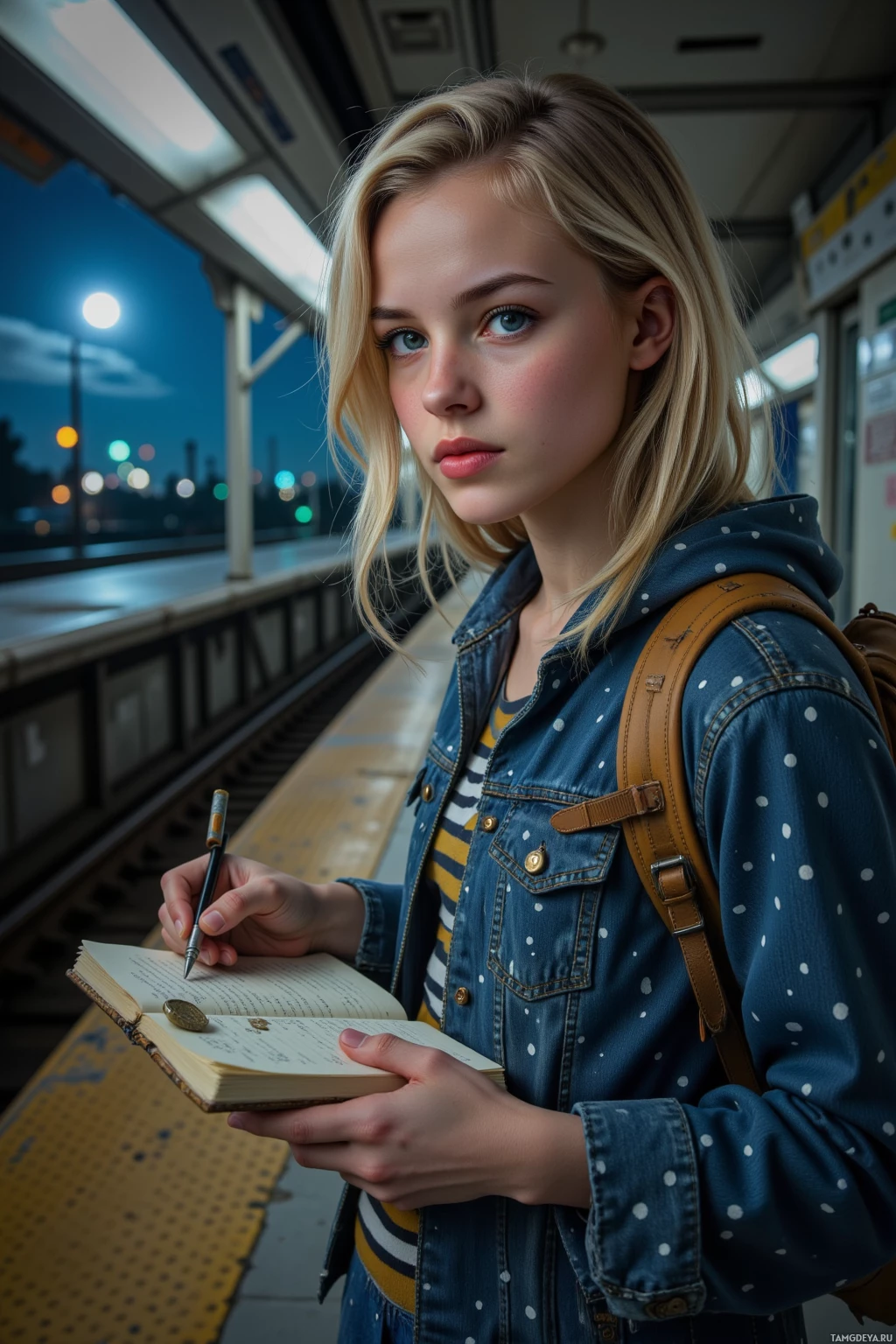 A young person stands on a train platform at night, holding an open book and a pen.