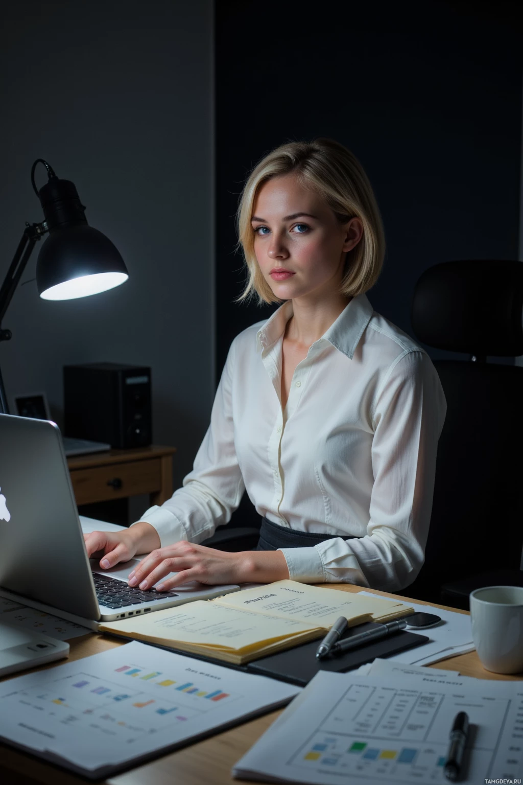 A woman in a white shirt works at a desk with a laptop, documents, and a lamp.