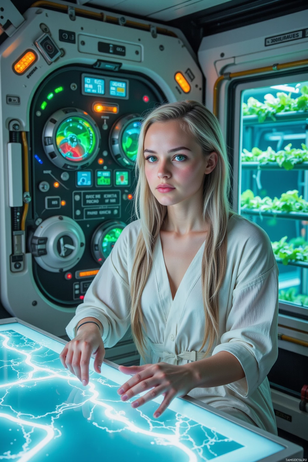 A person in a futuristic setting interacts with a glowing map and control panel.