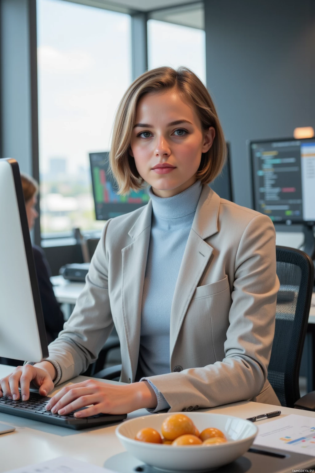 A woman in a professional setting is seated at a desk, working on a computer.