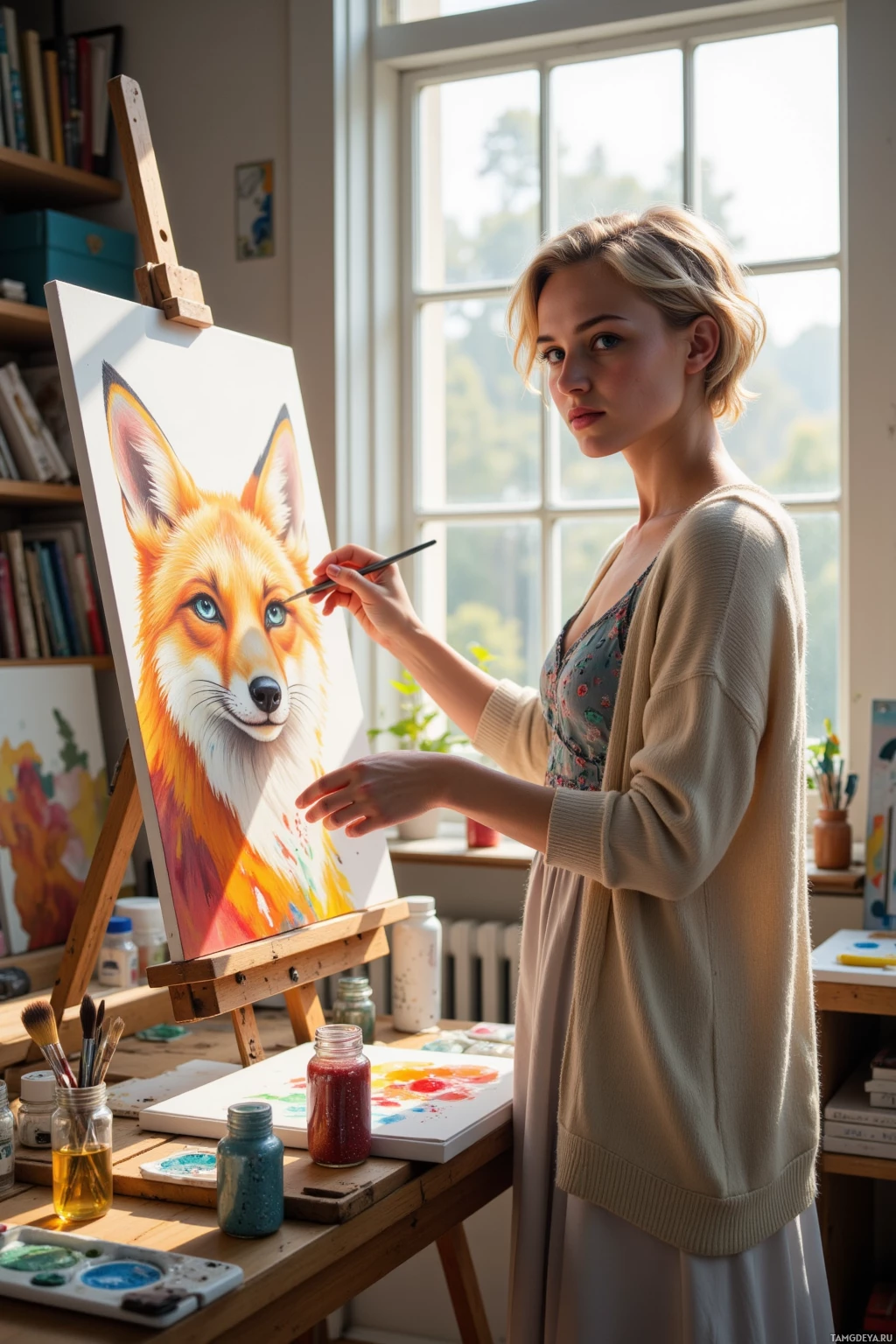 A woman paints a fox portrait in a well-lit studio.