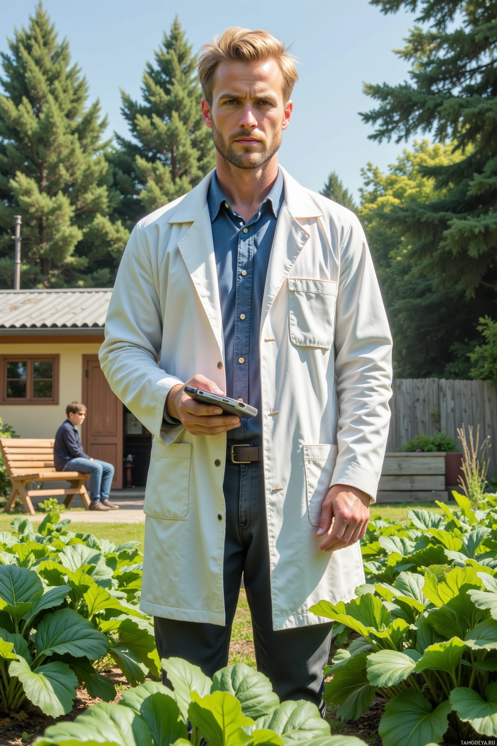A man in a lab coat stands in a garden holding a tablet, with another person sitting on a bench in the background.