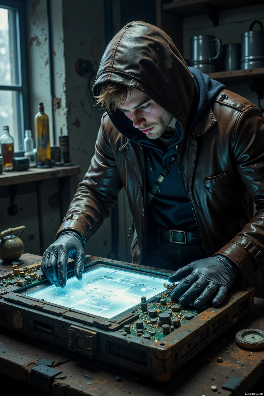 A man in a leather jacket and gloves examines a glowing circuit board in a workshop.