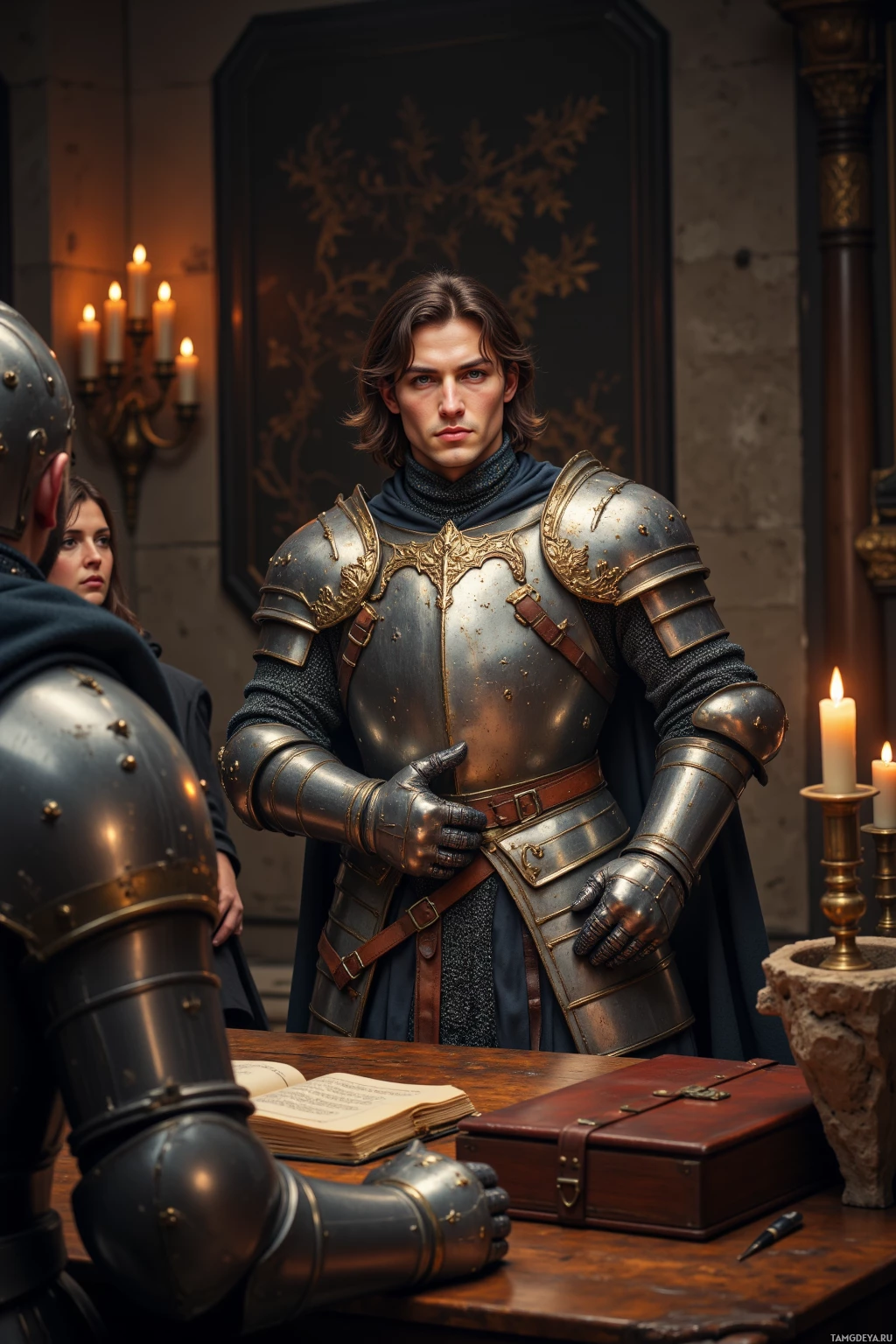 A knight in armor stands beside a table with a book and a candle, in a dimly lit room.