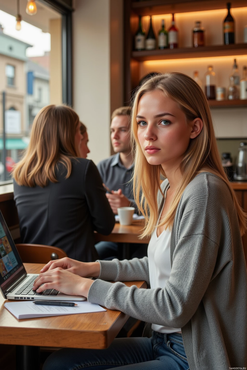 A woman works on a laptop in a café, with others in the background.