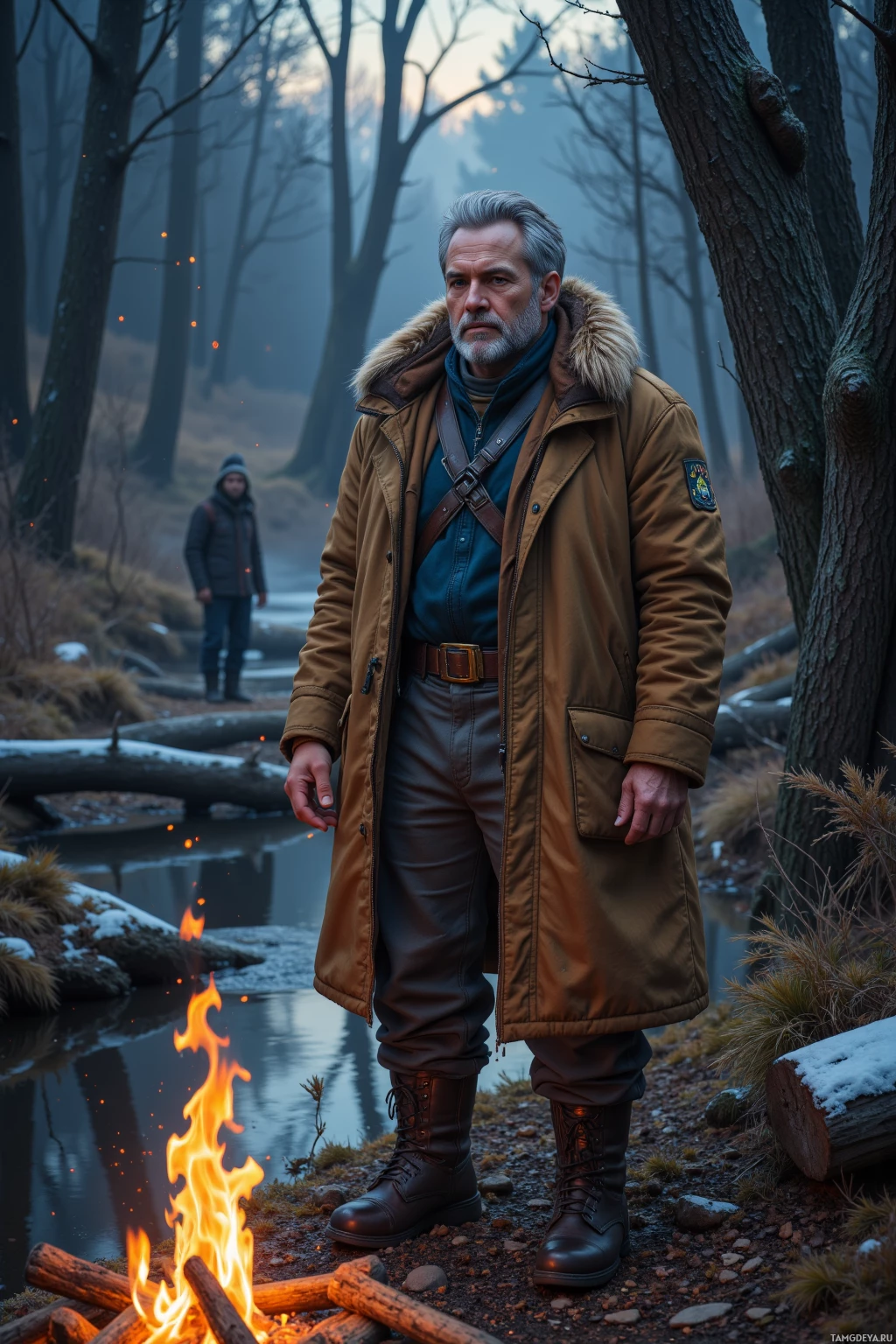 A man in a winter coat stands near a campfire in a forest.