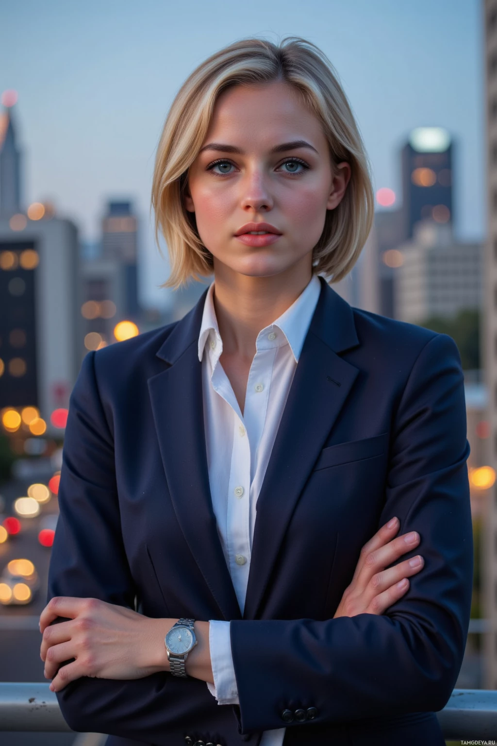 A woman in a professional outfit stands with her arms crossed against a cityscape backdrop.