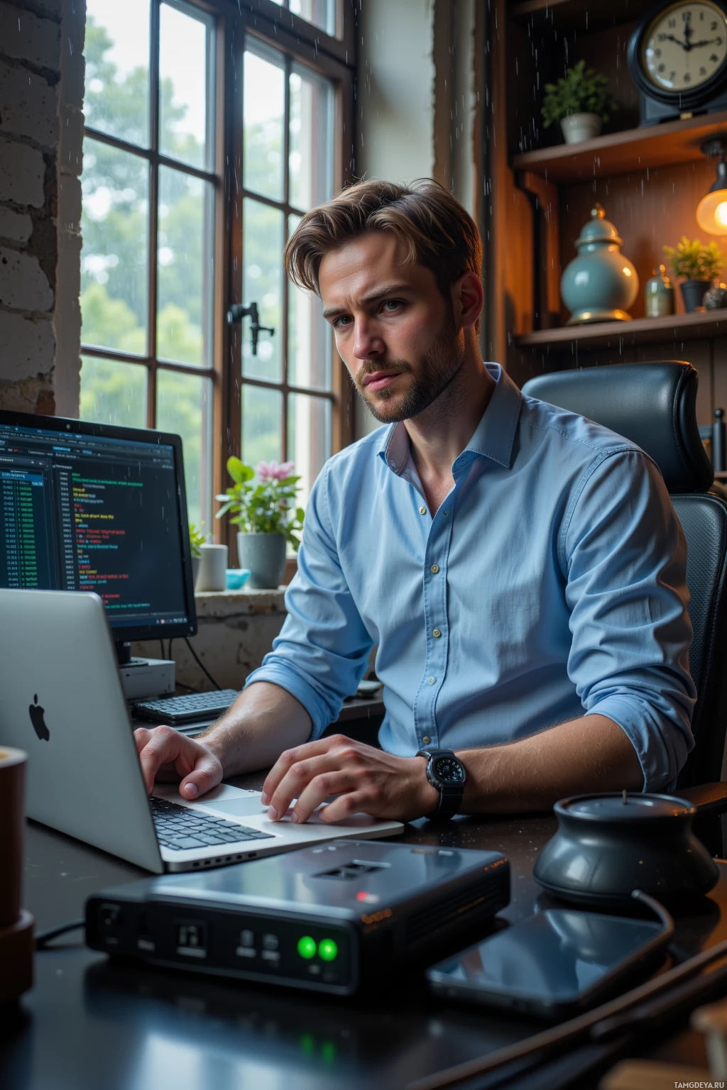 A man in a blue shirt works on a laptop in a cozy office setting with a rainy window view.