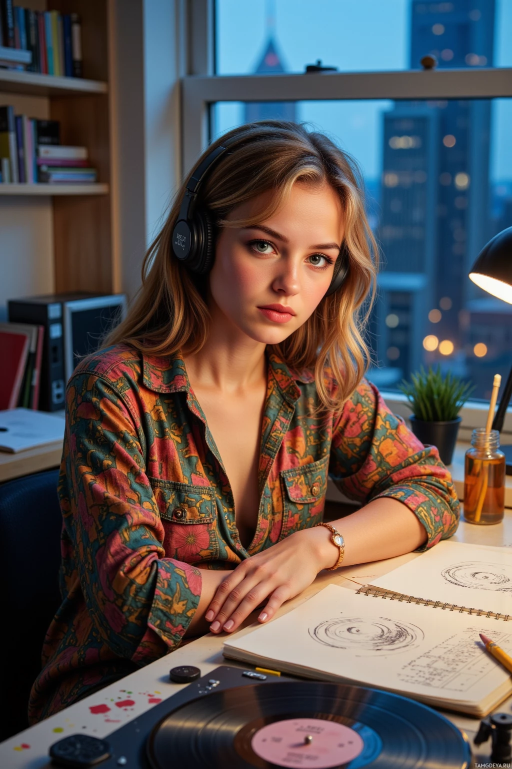 A person wearing headphones sits at a desk with a record player and notebook, in a room with a cityscape view.