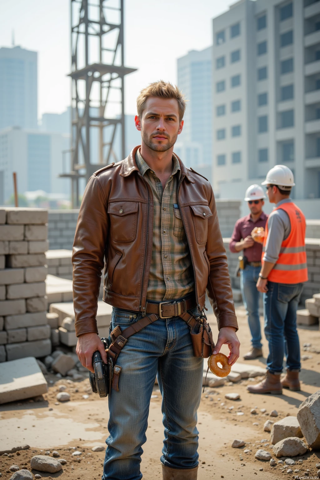 A man in a brown leather jacket and jeans stands on a construction site holding a donut.