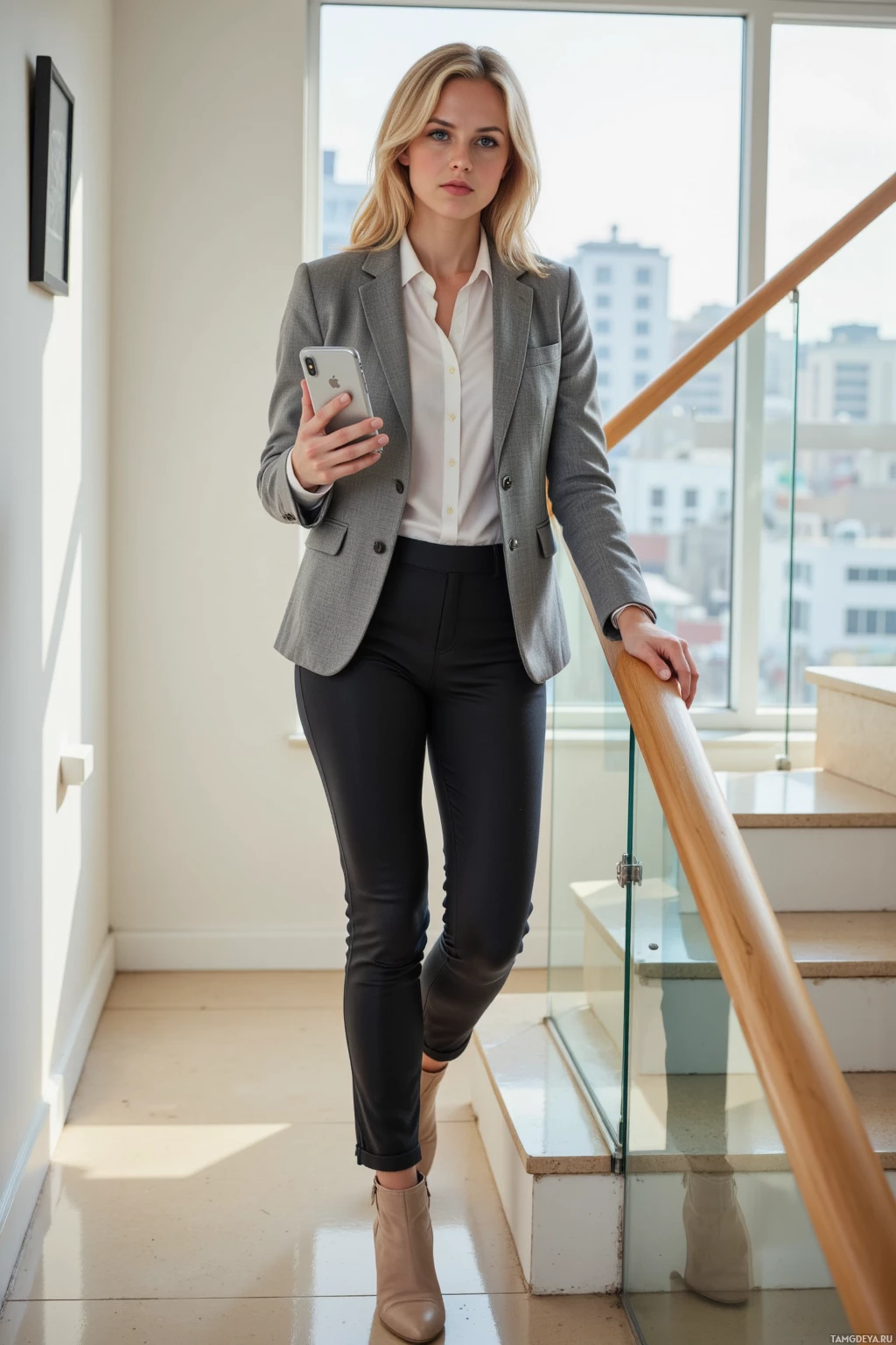 A woman in a professional outfit stands on a staircase holding a phone.