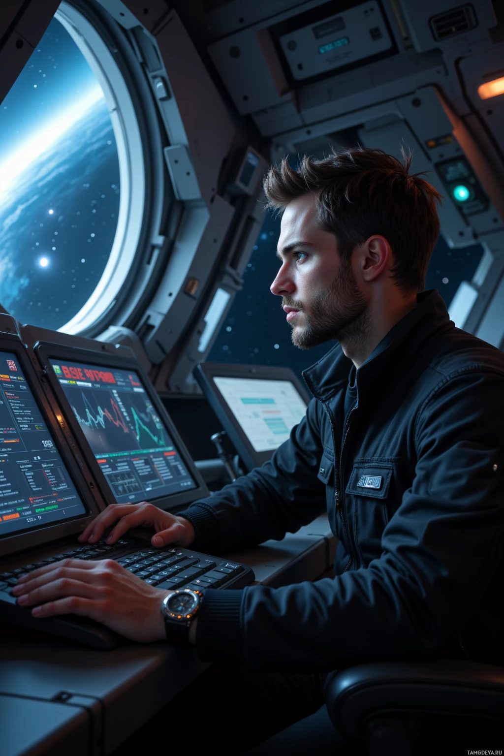 A person in a space suit operates a control panel with a view of Earth through a porthole.