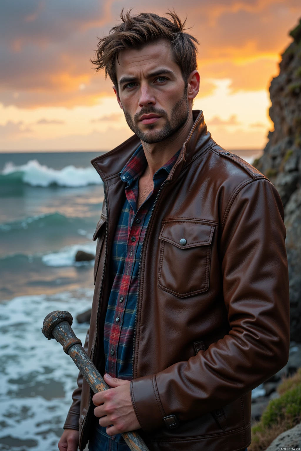 A man in a brown leather jacket and plaid shirt stands by the ocean at sunset.