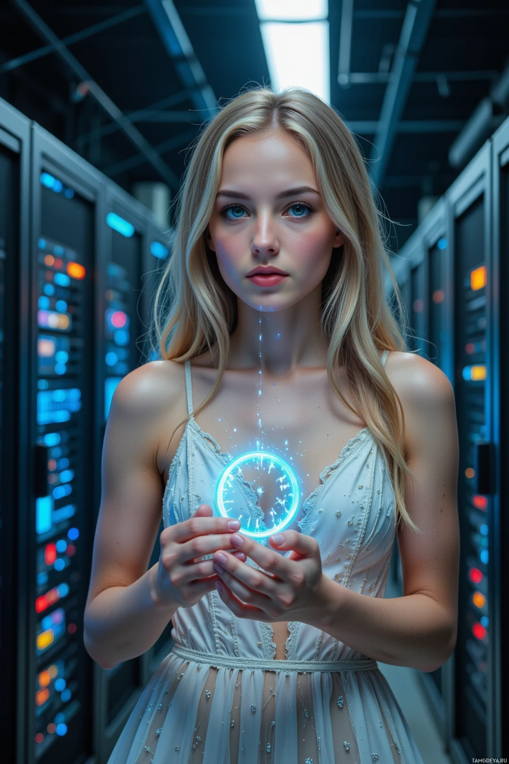 A woman in a white dress holds a glowing, futuristic clock in a server room.