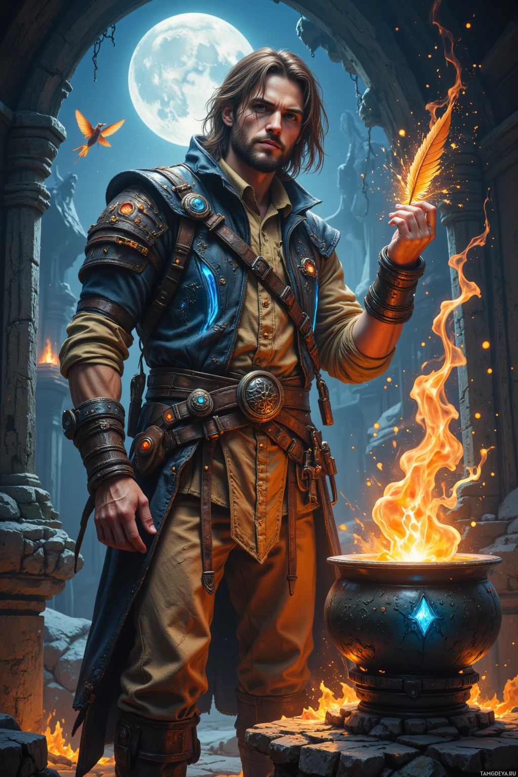 A man in a fantasy setting stands beside a glowing cauldron, holding a glowing feather.