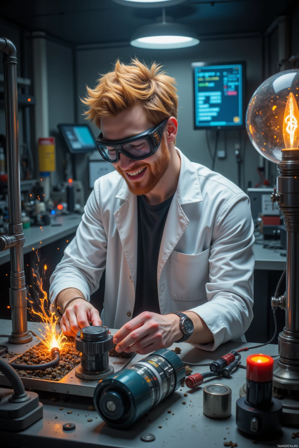 A person in a lab coat and safety goggles works with equipment in a laboratory setting.