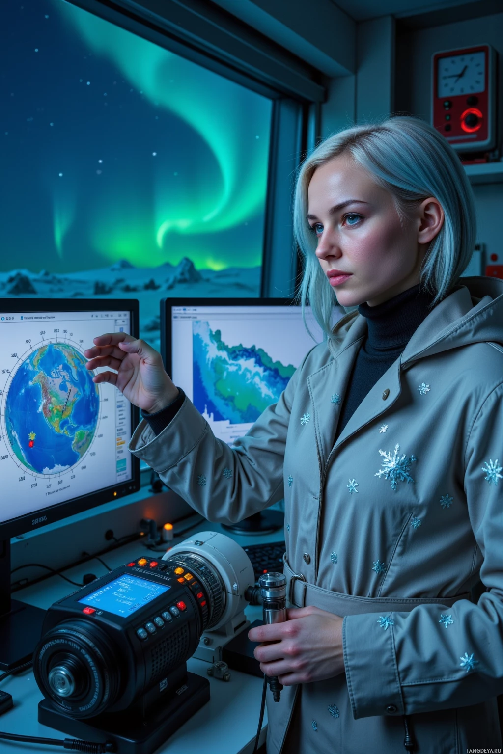 A person in a lab setting with monitors displaying maps and data, holding a camera.