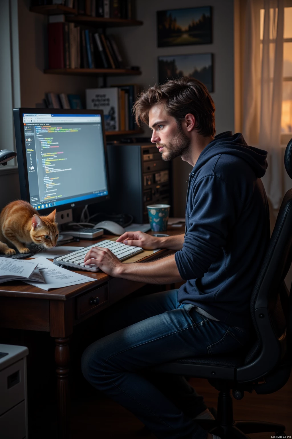 A person works at a desk with a computer, accompanied by a cat.