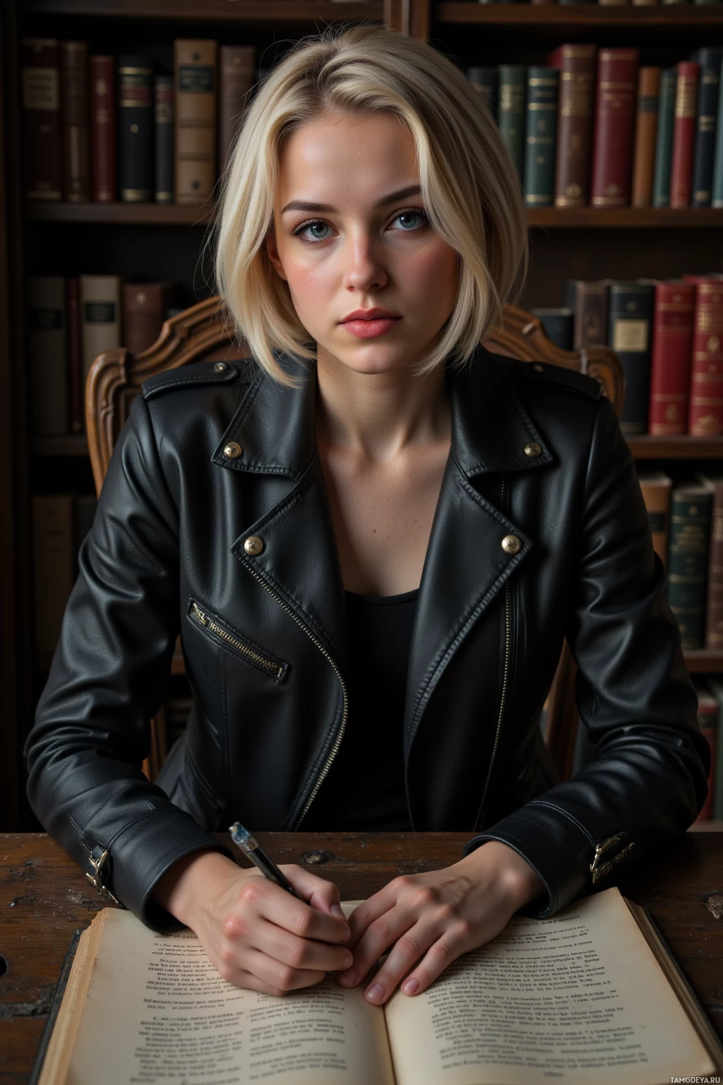 A person in a leather jacket sits at a desk, writing in a book with a pen.
