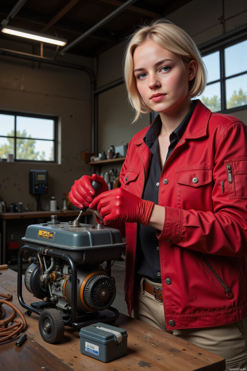 A person in a red jacket and gloves works on a small engine in a workshop.