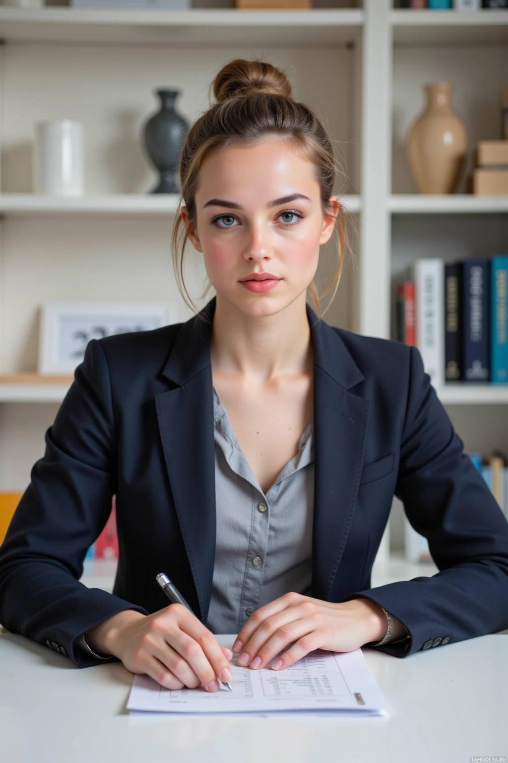 A woman in a professional setting, wearing a blazer and holding a pen over a document.